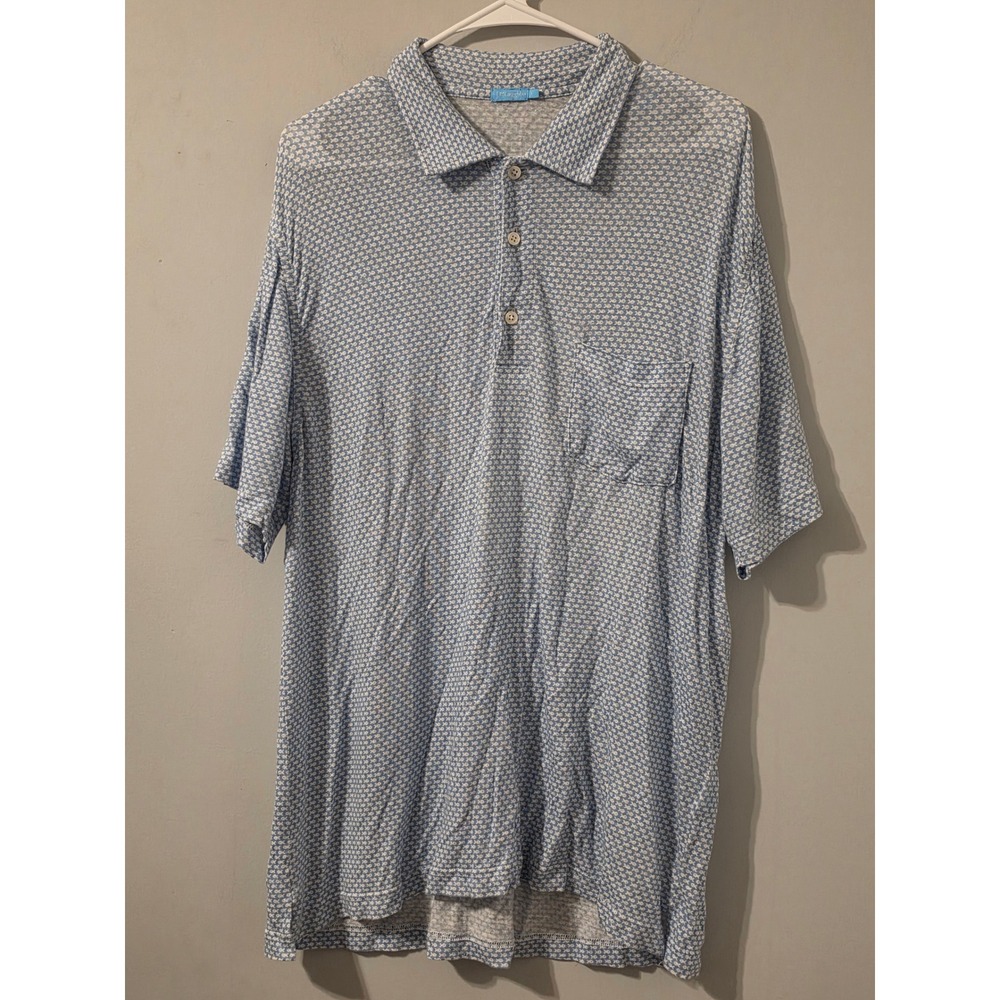 J.McLaughlin Polo Shirt Mens L Blue Casual Fish Print Linen Blend Coastal Preppy